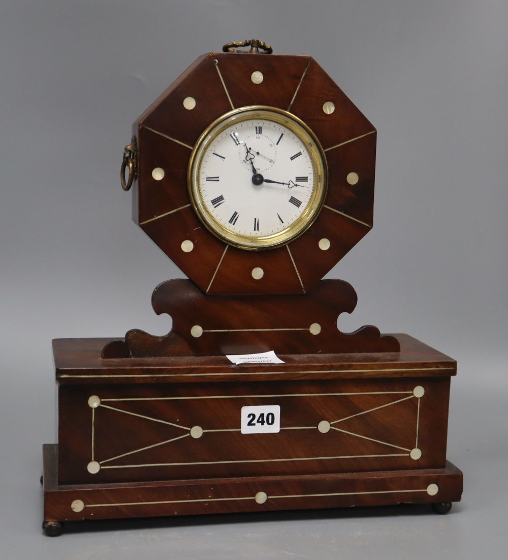 A Regency style mahogany mantel timepiece, with brass and mother of pearl inlay, height 38cm